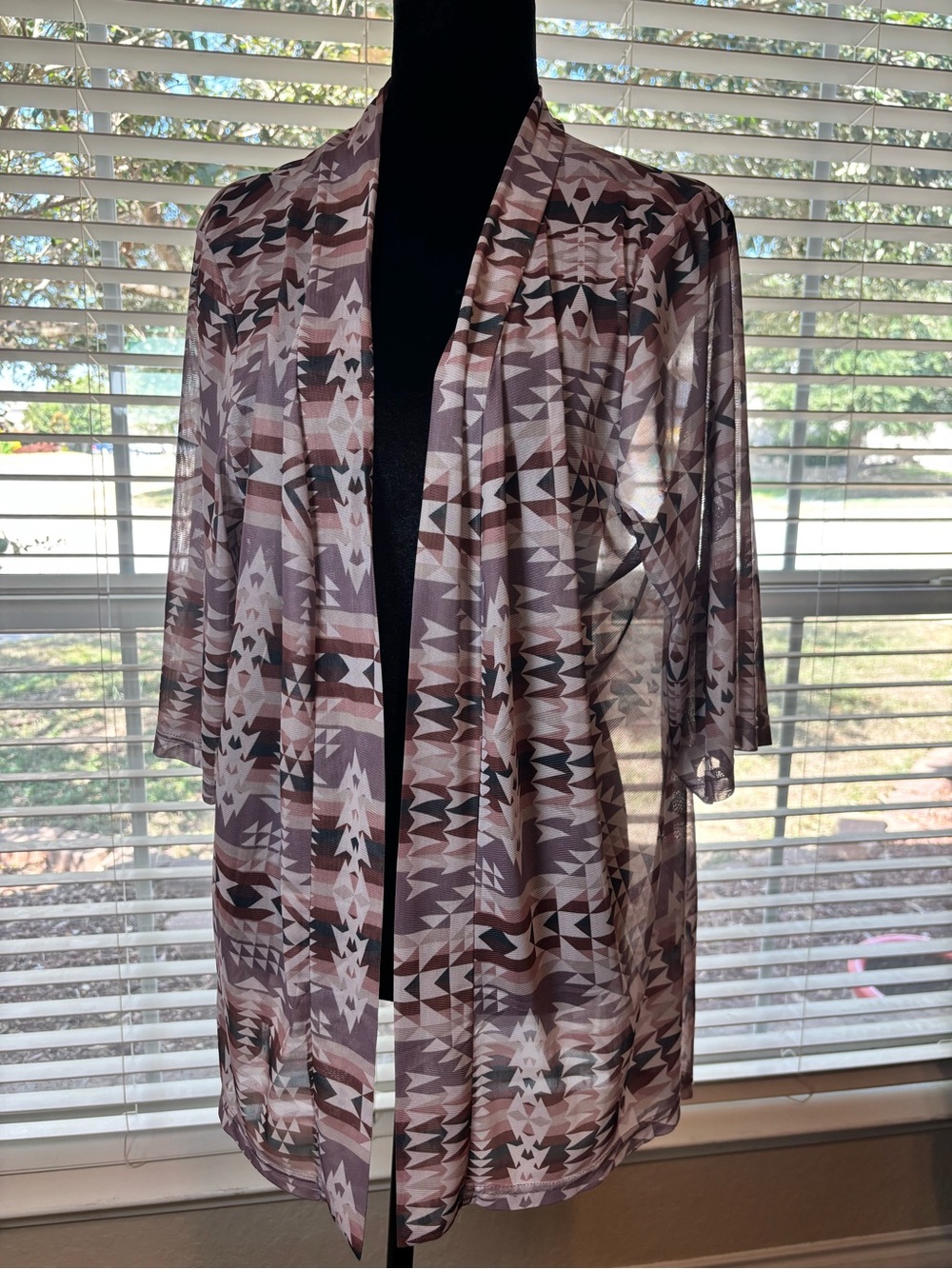 Aztec-Print Open Front Kimono in Blush Taupe One Size